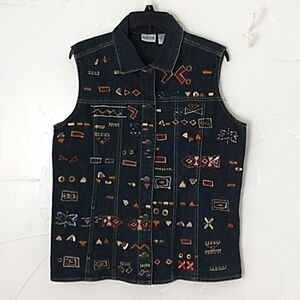 Chico's Denim Vest Size 2/Lrg Embroidered Beaded Button Up‎ Boho Artsy Biker